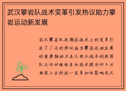 武汉攀岩队战术变革引发热议助力攀岩运动新发展